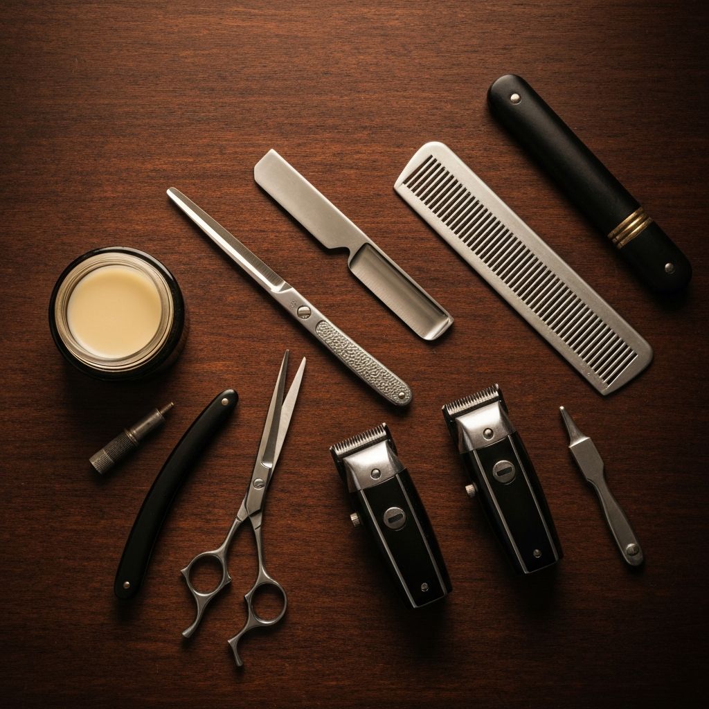 Classic barbershop tools — straight razor, scissors, and grooming products on dark wood